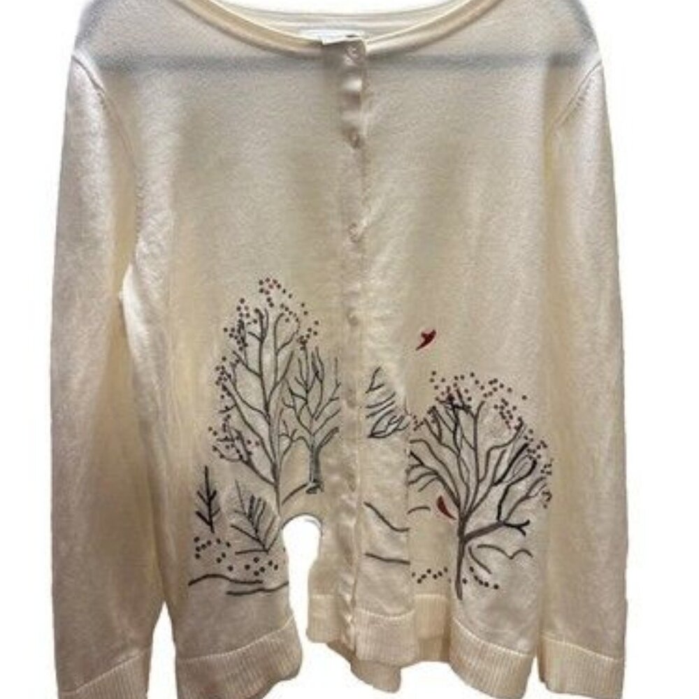 Christopher & Banks Winter Forest Cardinal Bird Full Button Sweater Cardigan XL